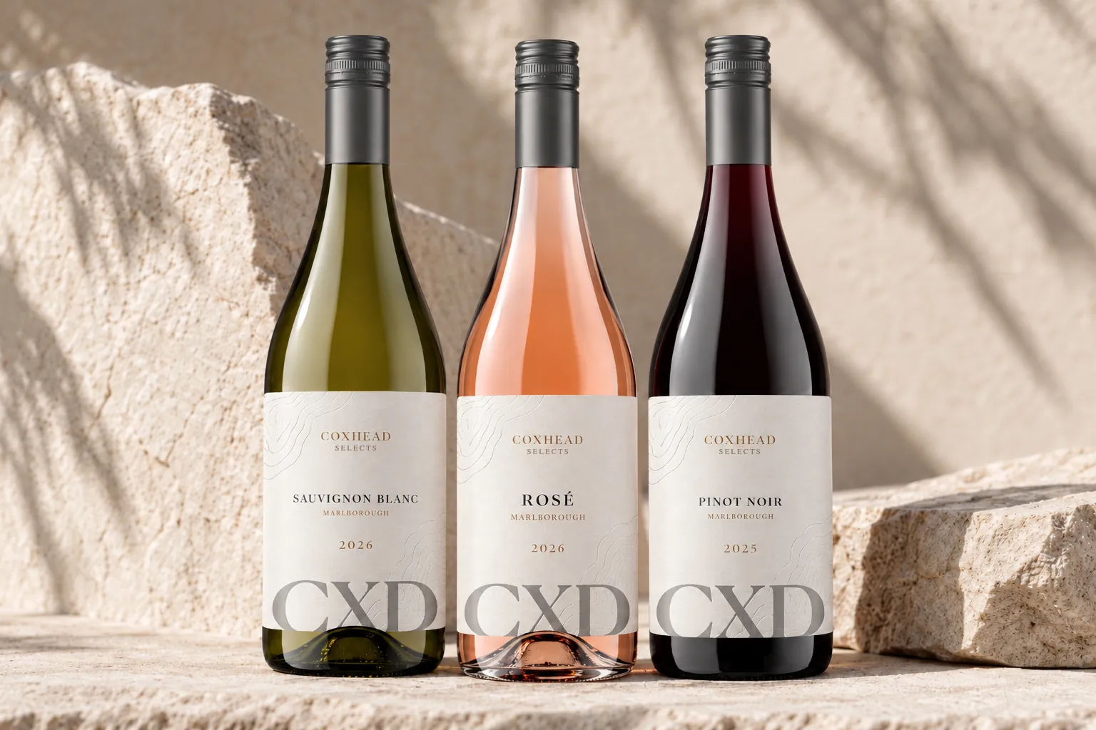 Coxhead Selects Marlborough Sauvignon Blanc 2026, Rosé 2026 and Pinot Noir 2025 on stone